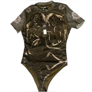 Fashion Nova Seeing Double Mesh Bodysuit - Olive Combo - Size M (NWT)